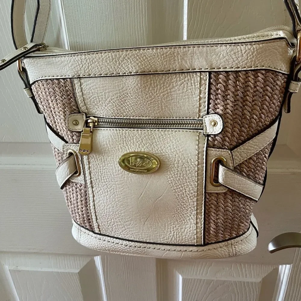B.O.C Born Concept beige & straw weaving crossbody bag with gold tone ha…